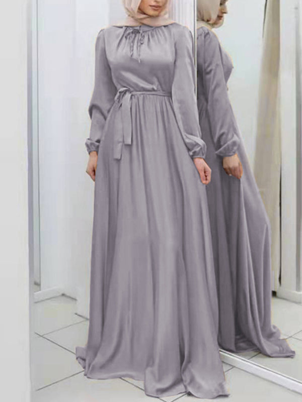 Long Sleeves Loose Pleated Solid Color Tied Waist Maxi Dresses