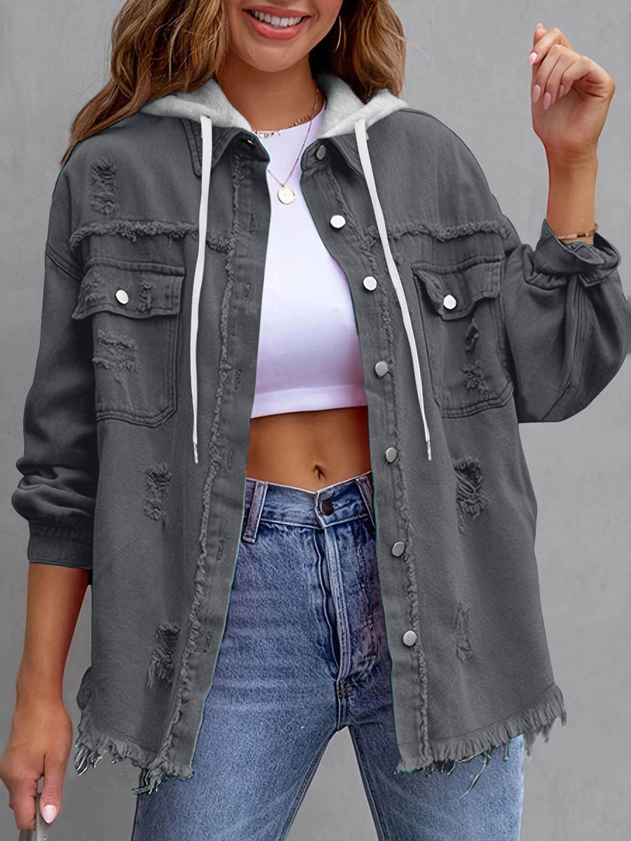 Split-Joint Pockets Fringed Buttoned Loose Long Sleeves Hooded Outerwear
