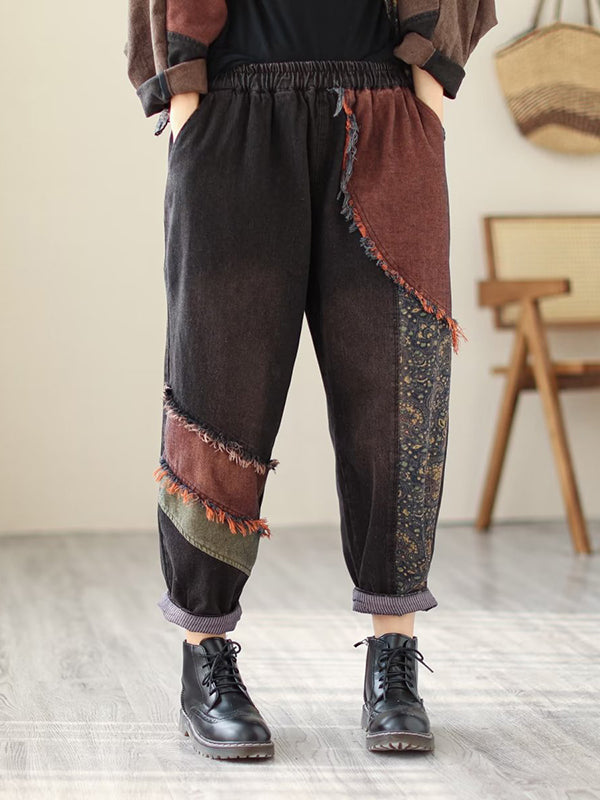 Contrast Color Fringed Split-Joint Long Sleeves Printed Outwear + Harem Pants  Two Pieces Set