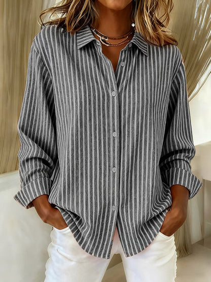 Striped Contrast Color Buttoned Plus Size Loose Lapel Blouses&shirts Tops