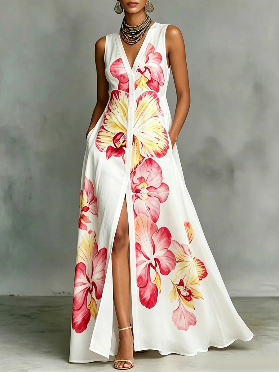 High Waisted Loose Buttoned Flower Print Pockets V-Neck Maxi Dresses
