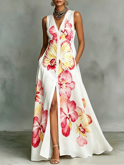 High Waisted Loose Buttoned Flower Print Pockets V-Neck Maxi Dresses