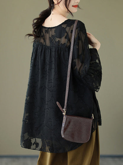 Loose Short Sleeves Falbala Pleated See-Through Split-Joint Round-Neck T-Shirts