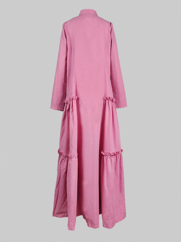 A-Line Long Sleeves Buttoned Layered Pleated Pockets Ruffled Solid Color Split-Joint Stand Collar Maxi Dresses