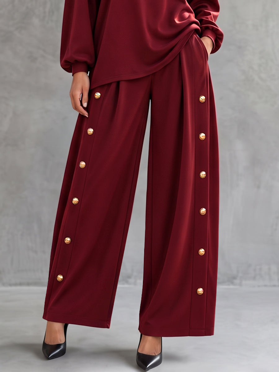 Solid Color Pockets Buttoned High Waisted Trousers Pants