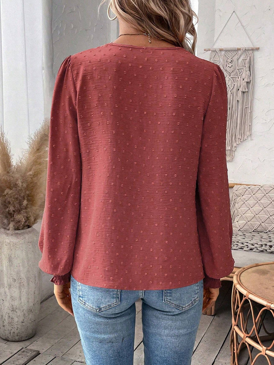 Balloon Sleeves Long Sleeves Embroidered Hollow Solid Color V-Neck Blouses&Shirts Tops