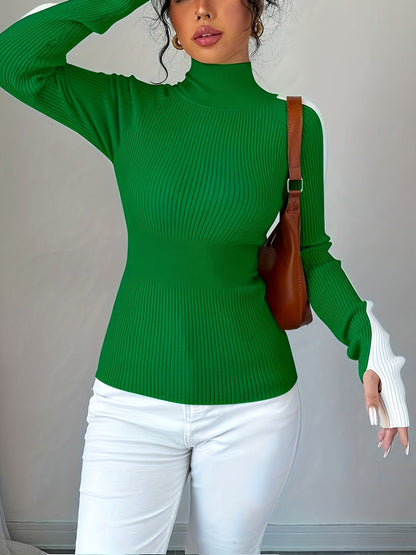 Contrast Color Skinny Long Sleeves High-neck Sweater Tops Pullovers