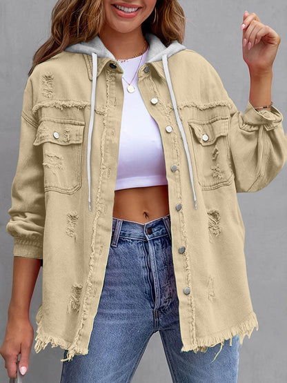Split-Joint Pockets Fringed Buttoned Loose Long Sleeves Hooded Outerwear