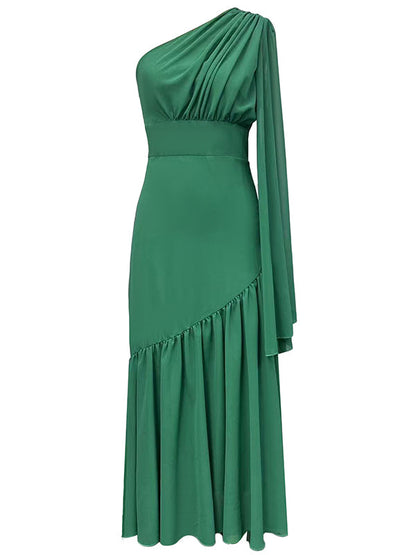 Long Sleeves Loose Pleated Solid Color Zipper One-Shoulder Maxi Dresses