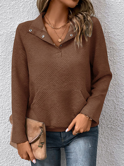 Textured Split-Joint Solid Color Pockets Buttoned Loose Long Sleeves Polo Sweatshirt Tops