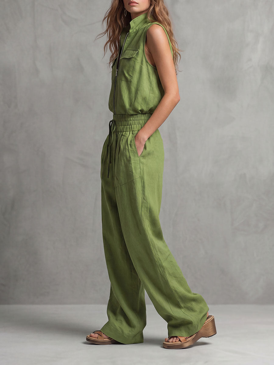 High Waisted Wide Leg Elasticity Pockets Solid Color Tied Waist Pants Trousers