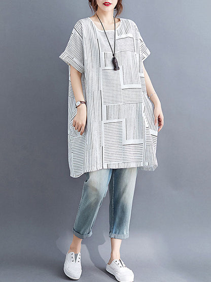 Loose Short Sleeves Striped Round-Neck T-Shirts