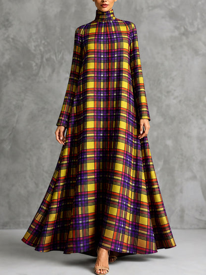 Zipper Pockets Plaid Contrast Color Big Hemline Long Sleeves A-line High-neck Maxi Dresses