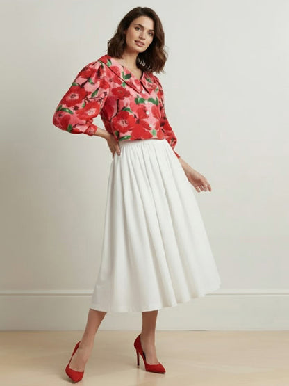 Long Sleeves Puff Sleeves Buttoned Flower Print Lapel Blouses&Shirts Tops