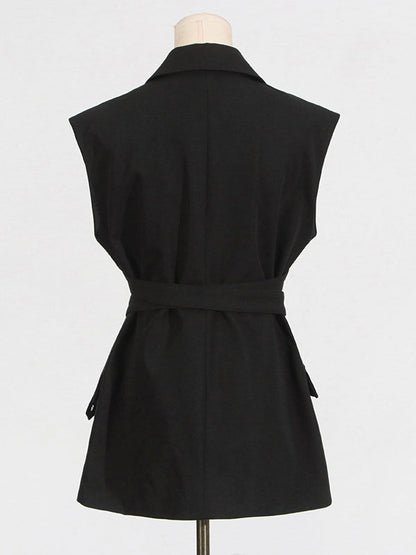 Loose Sleeveless Belted Buttoned Solid Color Notched Collar Blazer Vest Outerwear