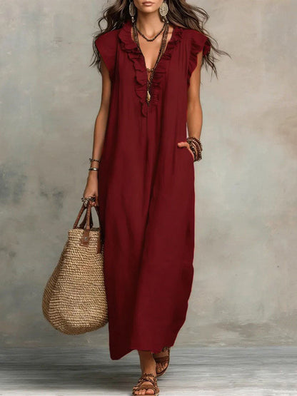 Loose Plus Size Pockets Ruffle Trim Solid Color V-Neck Maxi Dresses