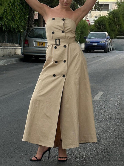 A-Line Loose Belted Buttoned Pockets Tube Maxi Dresses