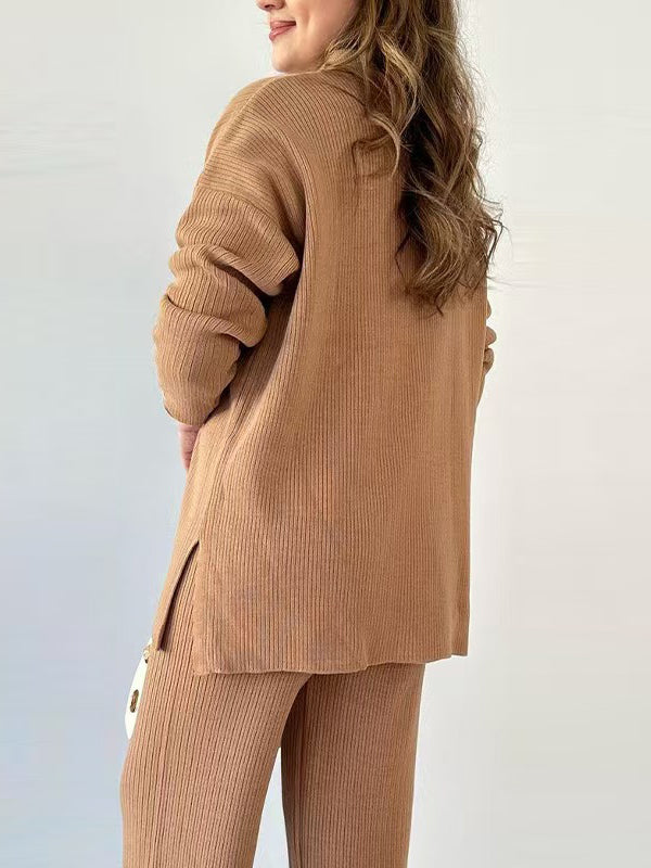 Loose Long Sleeves Solid Color Split-Side Lapel Sweater Top + Pants Two Pieces Set