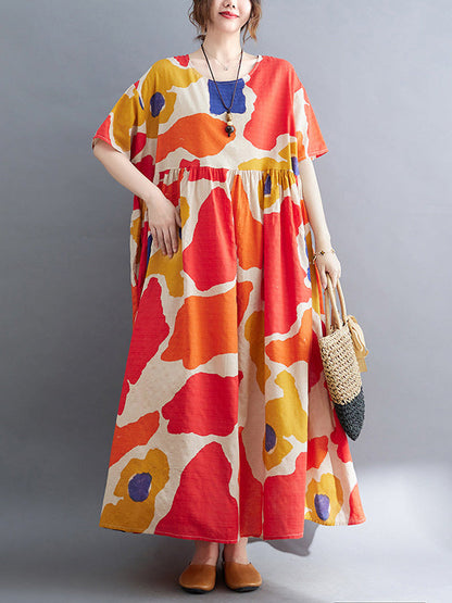 Künstlerische Retro-Kurzarm-Midikleider mit lockerem Kontrastfarbdruck und Rundhalsausschnitt 