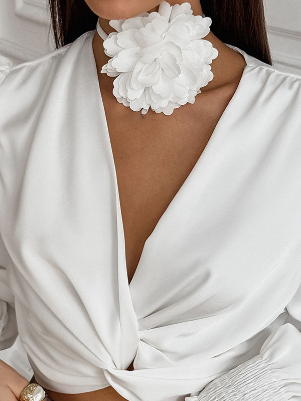 Loose Puff Sleeves Elasticity Pleated Solid Color Split-Joint V-Neck Blouses&Shirts Tops