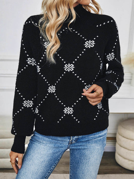 Long Sleeves Loose Contrast Color Flower Print Geometric Split-Joint Half Turtleneck Sweater Tops