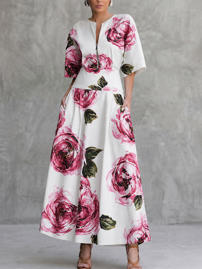 Zipper Split-Joint Pockets Flower Print High Waisted Half Sleeves Round-neck Maxi Dresses