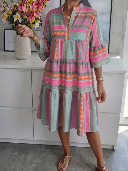 A-Line Loose Contrast Color Printed Split-Joint V-Neck Mini Dresses