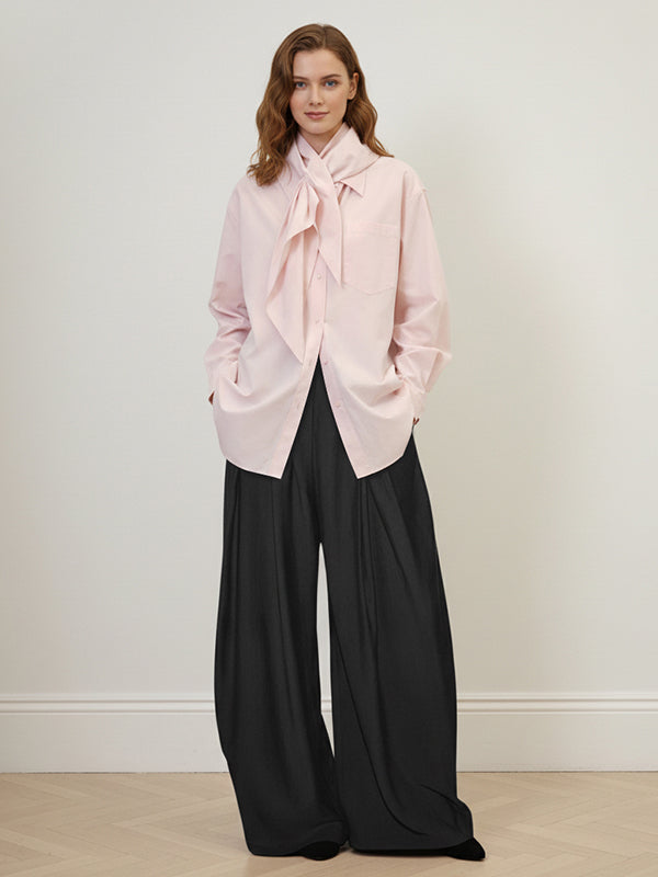 Long Sleeves Loose Buttoned Neckerchief Pockets Solid Color Lapel Blouses&Shirts Tops
