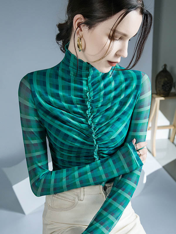 Long Sleeves Skinny Contrast Color Plaid Pleated Split-Joint High-Neck Blouses&Shirts Tops