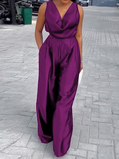 Loose Sleeveless Solid Color Deep V-Neck Jumpsuits