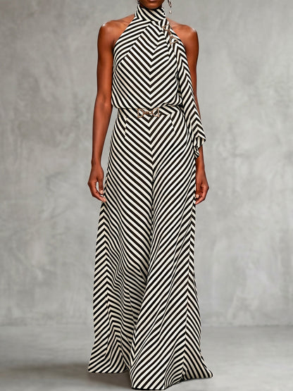 Sleeveless Contrast Color Draped Striped Halter-Neck Blouses&Shirts Tops