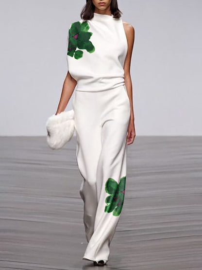 Loose Sleeveless Asymmetric Flower Print Mock Neck Vest Top