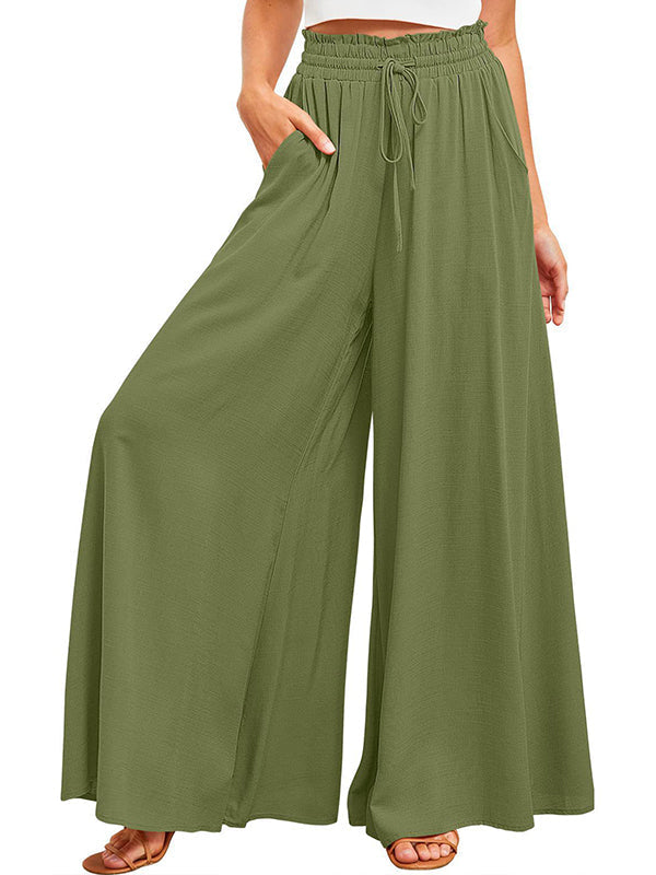 High Waisted Loose Drawstring Elasticity Pleated Pockets Solid Color Pants Trousers