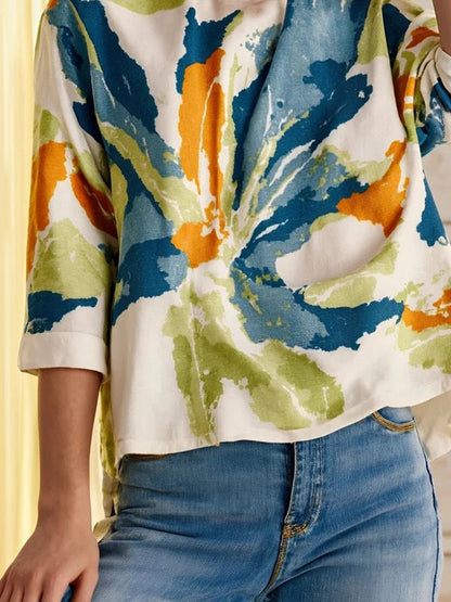 Flower Print Contrast Color Buttoned Loose Half Sleeves Round-neck T-Shirts Tops