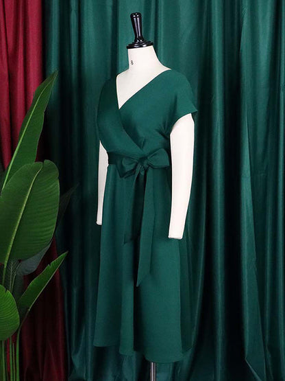 Einfarbige Midikleider mit Schleife und V-Ausschnitt 