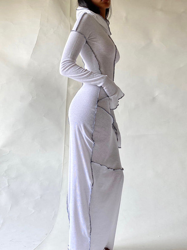 Robe longue fendue à capuche et manches longues, grande taille, couleur unie 