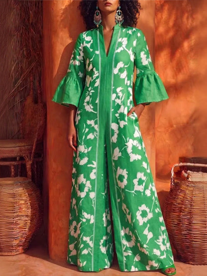 Zipper Pockets Flower Print Contrast Color Wide Leg Three-quarter Sleeves V-neck Jumpsuits
