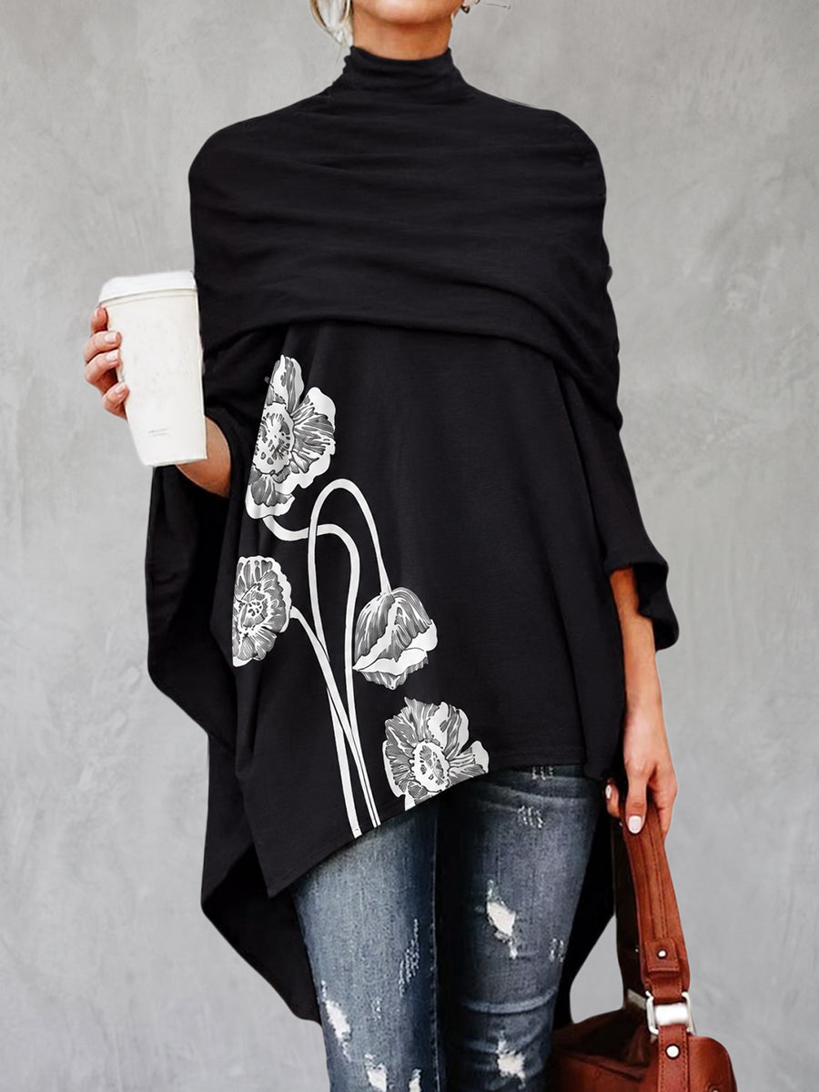 Flower Print Wrap Three-quarter Sleeves High-neck Blouses&shirts Tops