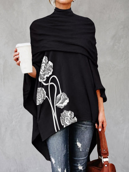 Flower Print Wrap Three-quarter Sleeves High-neck Blouses&shirts Tops