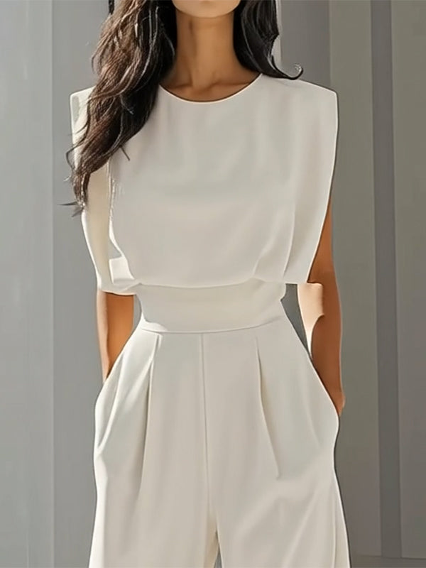 Loose Pleated Solid Color Split-Joint Round-Neck Jumpsuits
