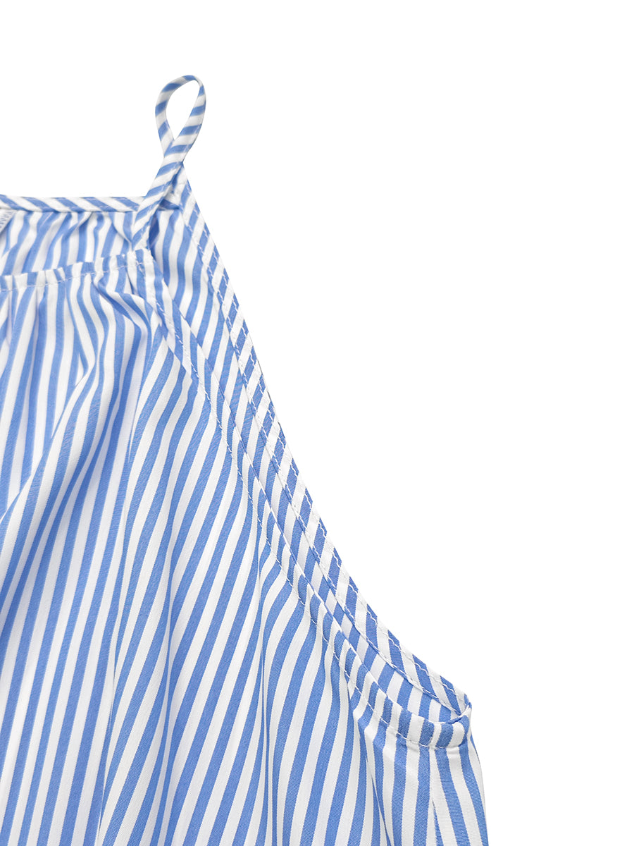 A-Line Loose Contrast Color Pleated Striped Halter-Neck Maxi Dresses