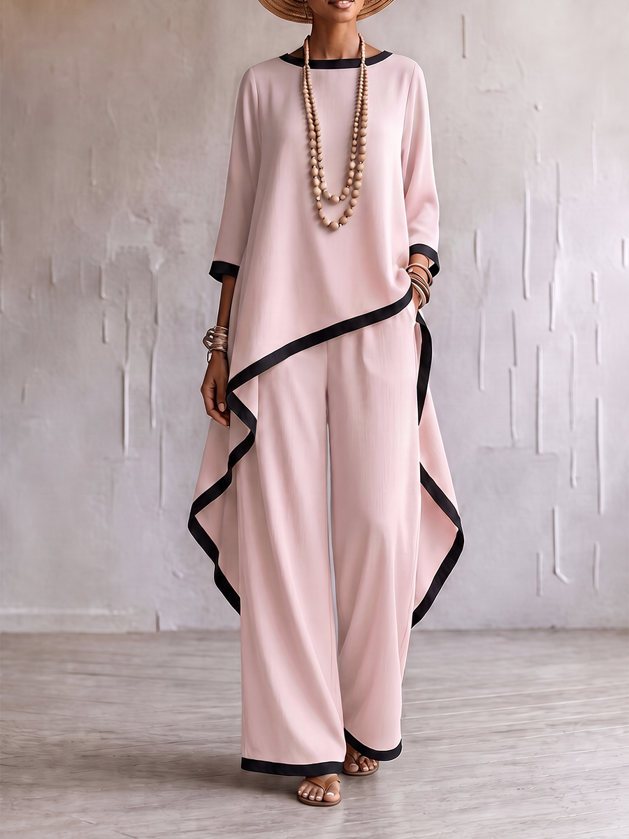 Loose Contrast Color Split-Joint Round-neck High-low Asymmetric Blouses&shirts Tops + Pockets Pants Trousers Two Pieces Set