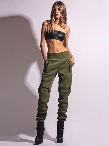 Stylish High-Waisted Solid Color Zipper Casual Sports Pants