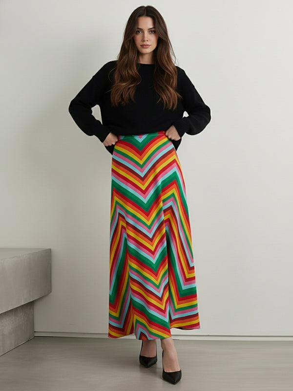 A-Line High Waisted Contrast Color Multi-Colored Serrated Print Skirts Bottoms