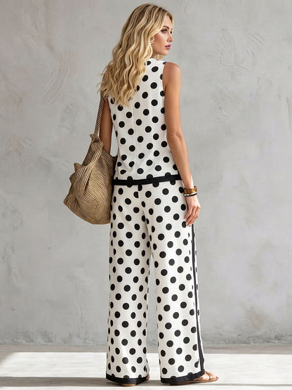 Sleeveless Contrast Color Polka Dot Round-Neck Tank Top