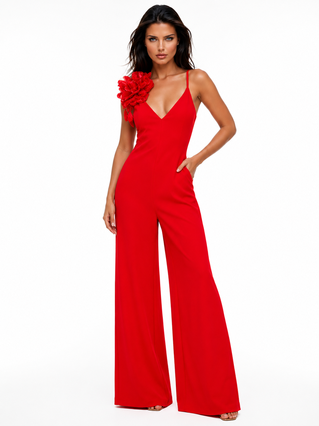 SYLPHE Red Floral Detail Wide Leg Jumpsuit | Elegant Statement Jumpsuit