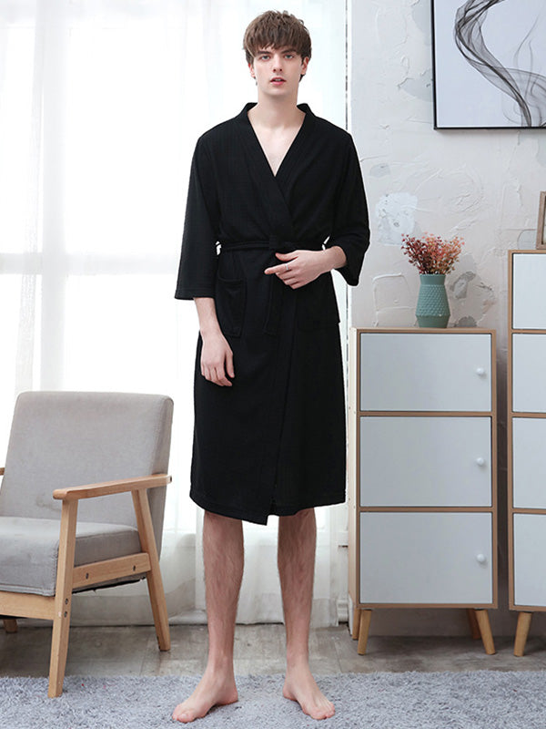 Comfortable Solid Bandage Thin Pajama Robe BLACK Men