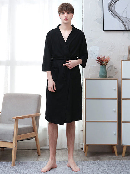 Comfortable Solid Bandage Thin Pajama Robe BLACK Men