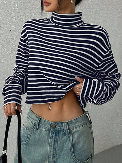 Long Sleeves Loose Contrast Color Split-Joint Striped High Neck T-Shirts Tops