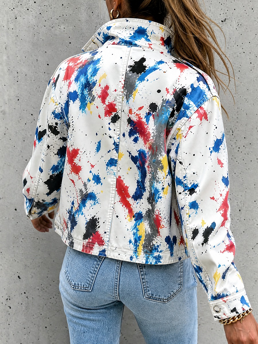 Zipper Split-Joint Printed Contrast Color Buttoned Loose Long Sleeves Stand Collar Outerwear Jackets